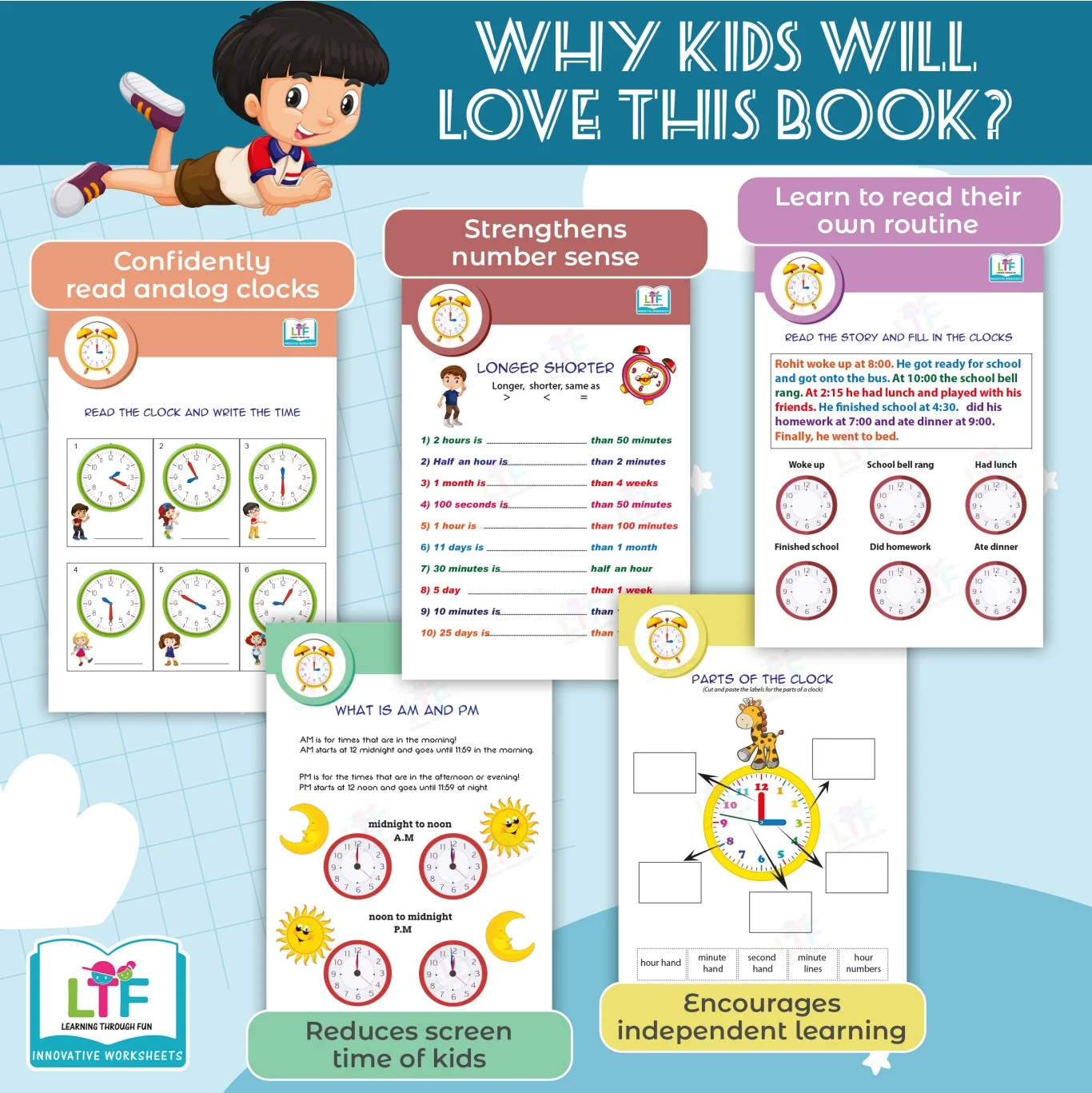 Learn to Tell Time Activity Book for Kids Ages 5+ | Early Learning Clock Worksheets for Brain Development | Interactive Time Concepts, Tracing & Matching Activities for UKG & Grade 1
