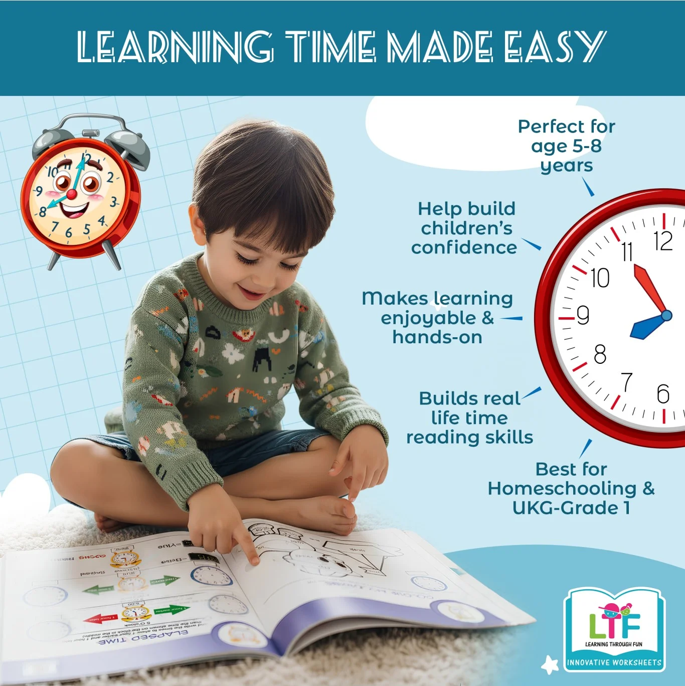 Learn to Tell Time Activity Book for Kids Ages 5+ | Early Learning Clock Worksheets for Brain Development | Interactive Time Concepts, Tracing & Matching Activities for UKG & Grade 1