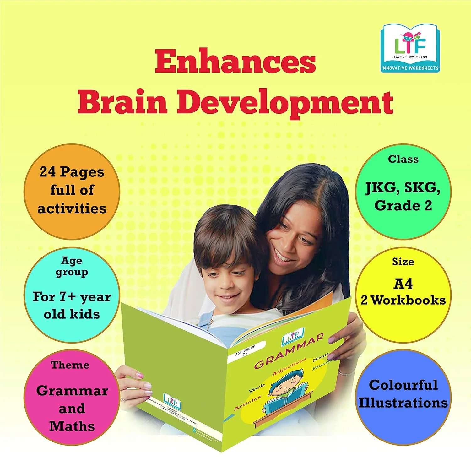 LEARNING THROUGH FUN Early Learning Brain Development Kids Activity Books, Set of 2, English & Maths Subject, Home-schooling, UKG, GRADE 1 & 2. Children 4-7 yrs. Educational Worksheet,Fun & Learn