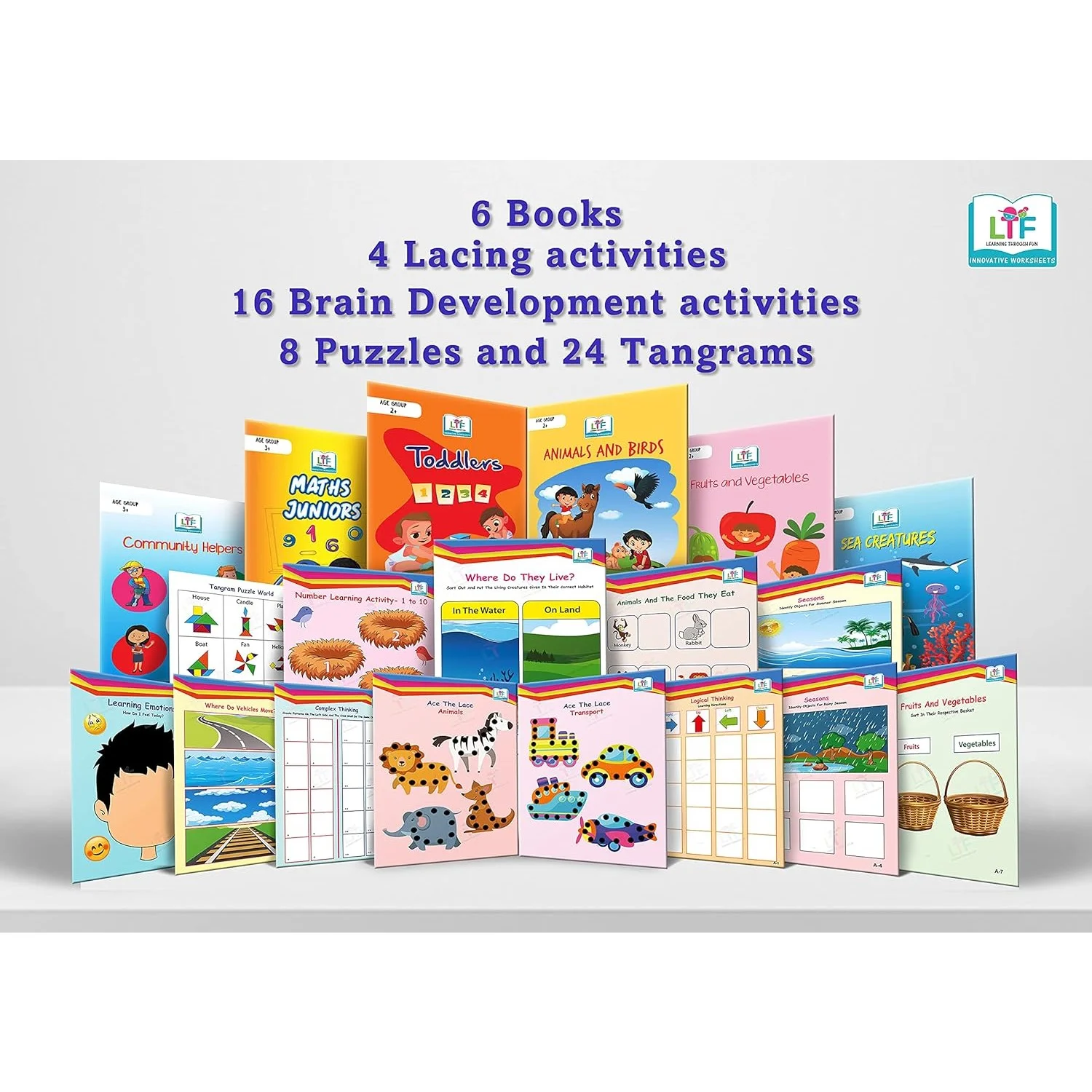 Smart Toddler Kit, 6 activity books + 4 lacing cards + 16 brain development activites + 20 Tangrams +8 puzzles. Toddler, 2- 4 yrs